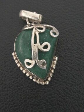 Vintage Green and Sterling Silver Teardrop Pendant Necklace stamped by artist